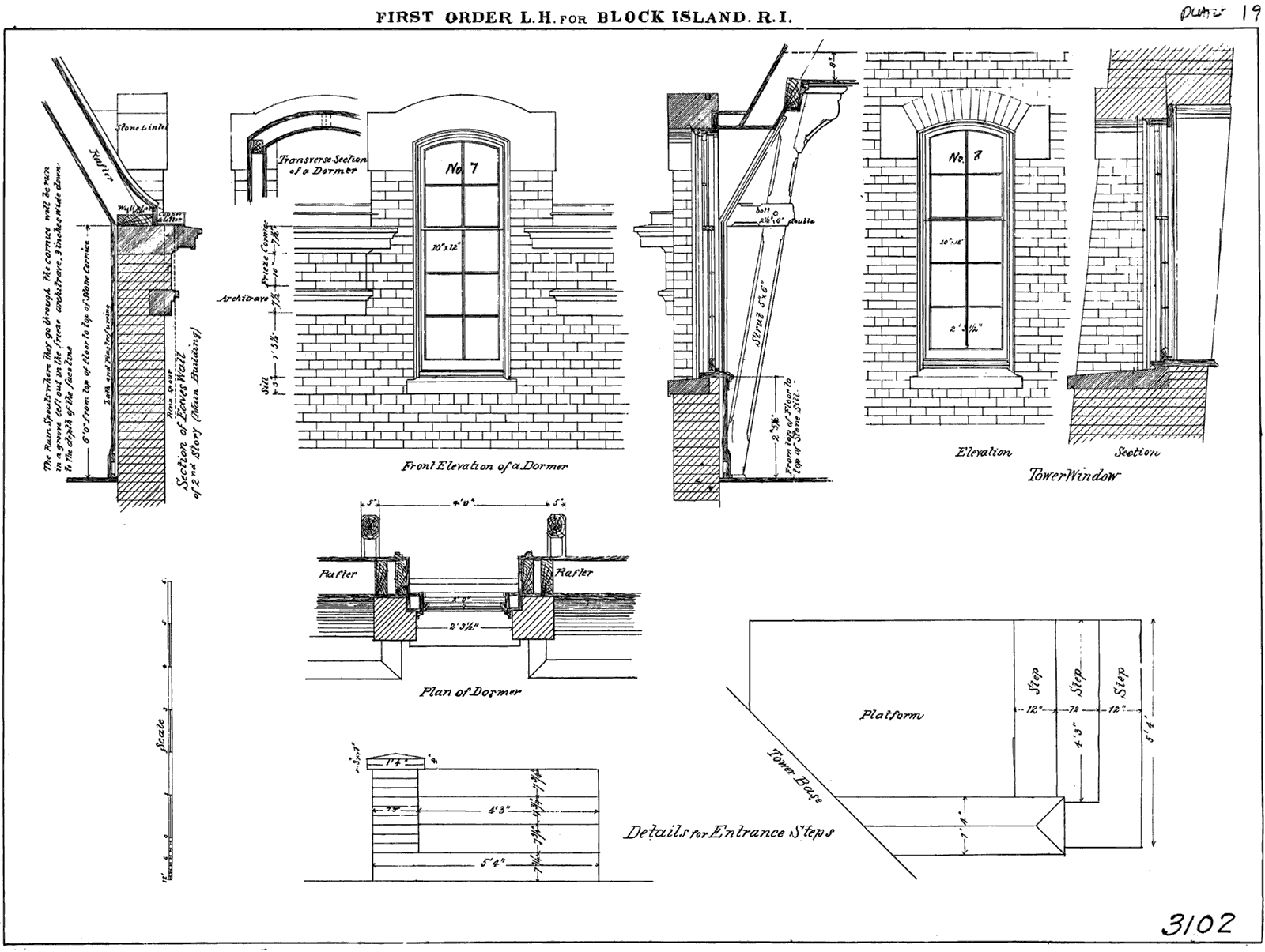Plan for Block Island Southeast Lighthouse's entrance steps, dormer, and caves 