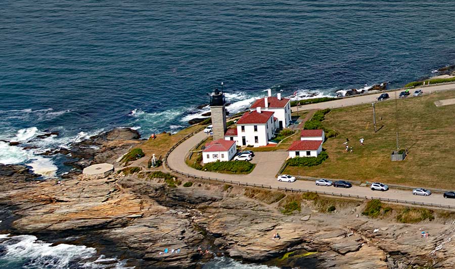 Aerial view of the tip of Conanicut Island and Beavertail Lighthouse 2018