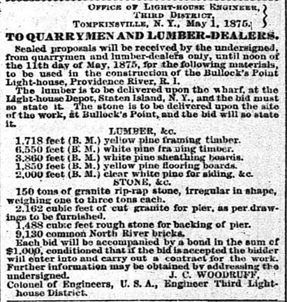 Ad for Material to Build Bullock's Point Lighthouse (1875)