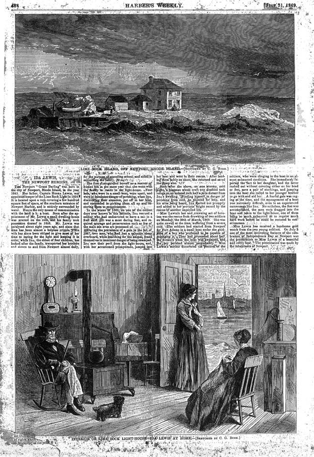 A drawing of Lime Rock Lighthouse and Ida Lewis from the July 31, 1869 edition of Harper's Weekly.