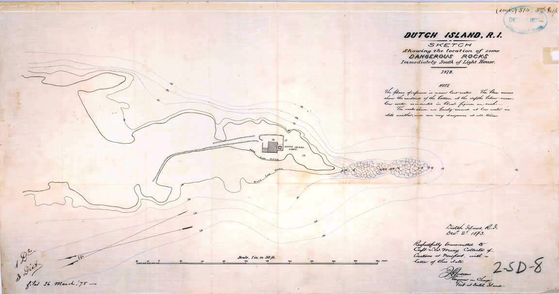 Sketch of Dangerous Rocks Dutch Island Lighthouse - 1873