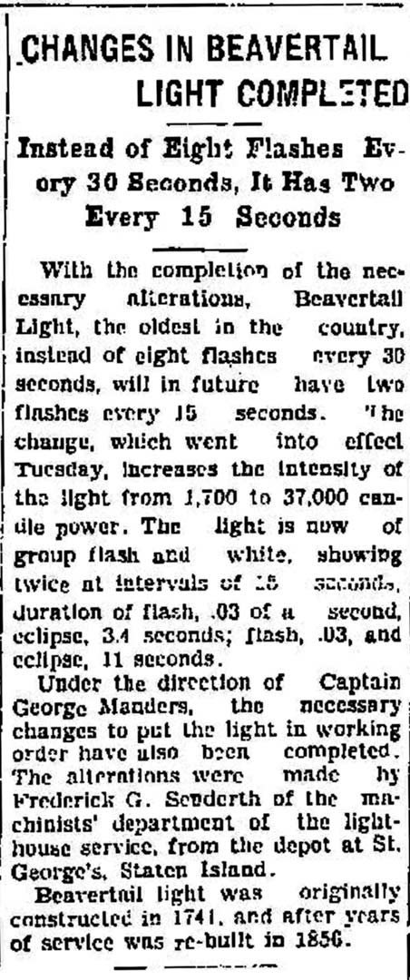 CHANGES IN BEAVERTAIL LIGHT COMPLETED