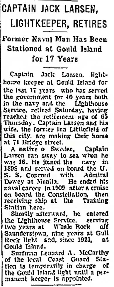 CAPTAIN JACK LARSEN LIGHTKEEPER, RETIRES