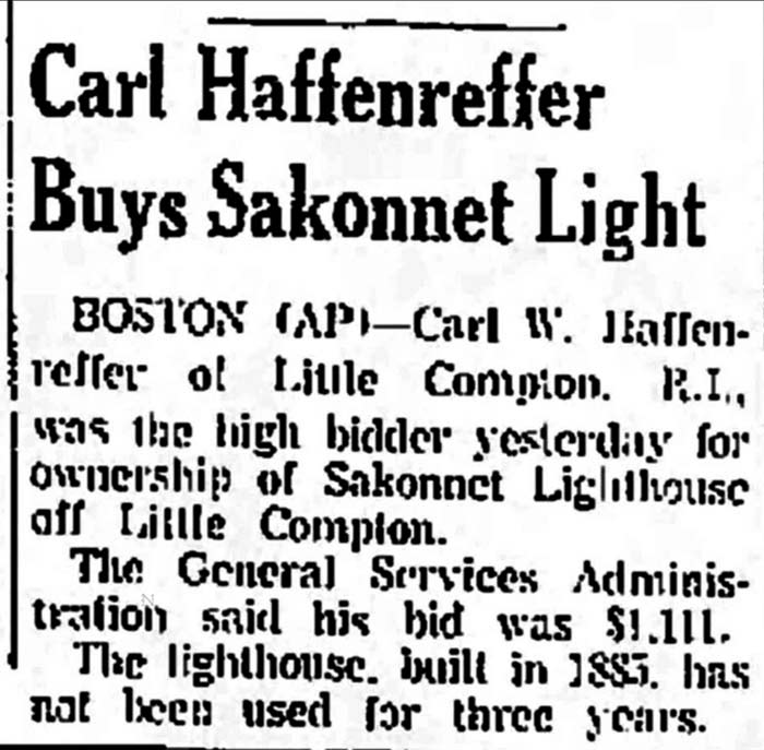 Carl Haffenreffer Buys Sakonnet Light