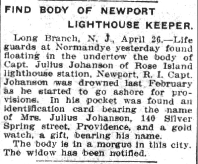 FIND BODY OF NEWPORT LIGHTHOUSE KEEPER